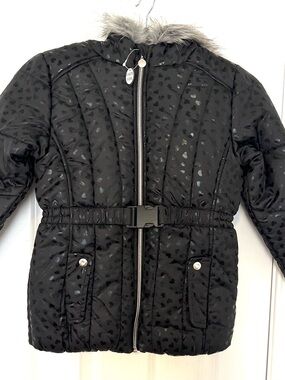 Rothschild Black Heart-Print Puffer Jacket with Faux Fur Trim